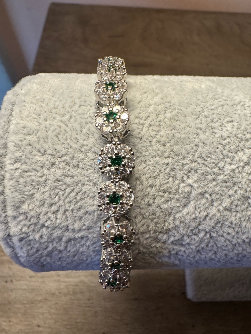 Silver-Tone Green and Clear Stone Floral Bracelet